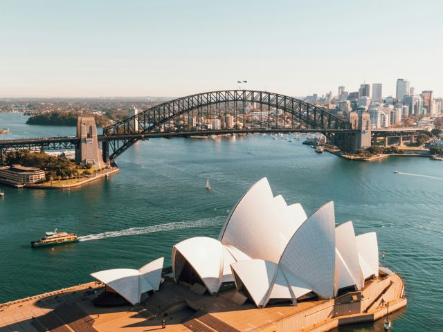 Drone shot of Sydney Harbour Bridge and the Opera House