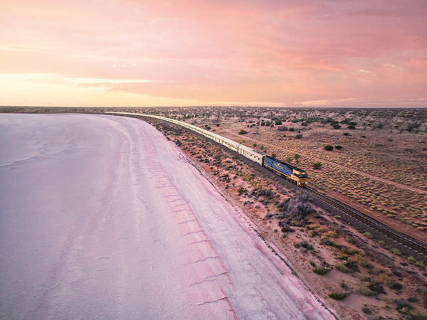 Indian Pacific next to Lake Hart in South Australia