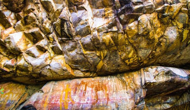 Stunning rock art, depicting nearby food sources, such as Wallaby, in the Nitmiluk National Park.