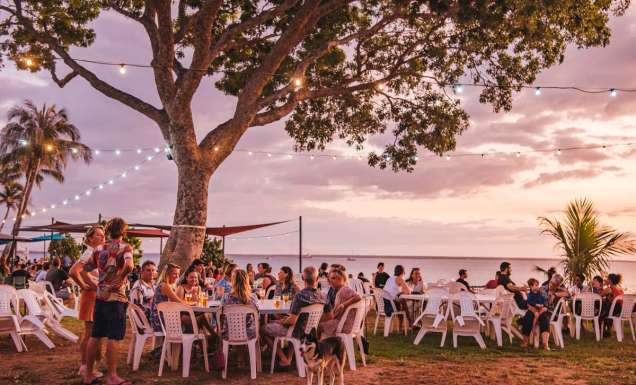 People relaxing at Darwin Ski Club at sunset