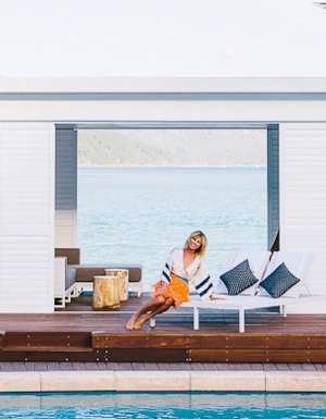 Sarah-Jane Clarke soaks up Hayman - Beaded bra by Zambesi ($260); top by Celeste Tesoriero ($380); skirt by Garth Cook ($484) (Photo: Elise Hassey)