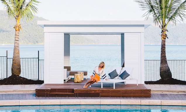 Sarah-Jane Clarke soaks up Hayman - Beaded bra by Zambesi ($260); top by Celeste Tesoriero ($380); skirt by Garth Cook ($484) (Photo: Elise Hassey)