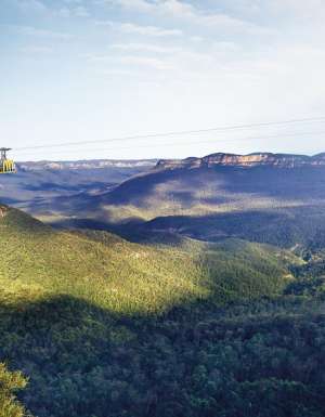 The Blue Mountains through the glass-floored Skyway.