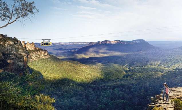 The Blue Mountains through the glass-floored Skyway.