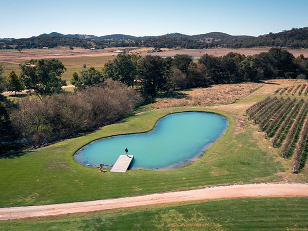 Aerial overlooking the scenic property at Bunnamagoo Estate Wines, Mudgee, NSW, Australia
