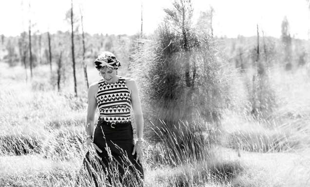 Black and white Claudia Karvan in the outback.