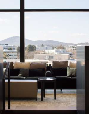 scenic mountain views from the lounge area at Little National Hotel, Canberra