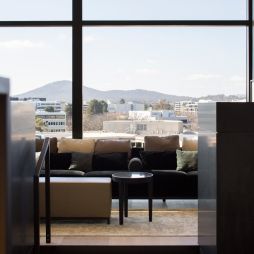 scenic mountain views from the lounge area at Little National Hotel, Canberra