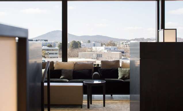 scenic mountain views from the lounge area at Little National Hotel, Canberra