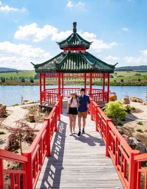 Couple enjoying the spring blooms at Mayfield Garden near Bathurst