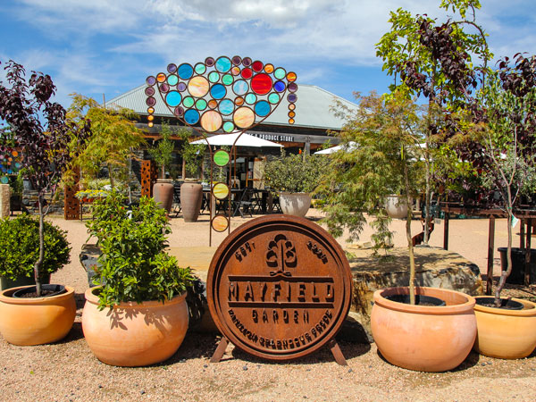 potted plants beside the Mayfield Garden signage