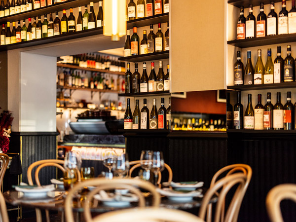 wines on display inside Bar Vino, Perth