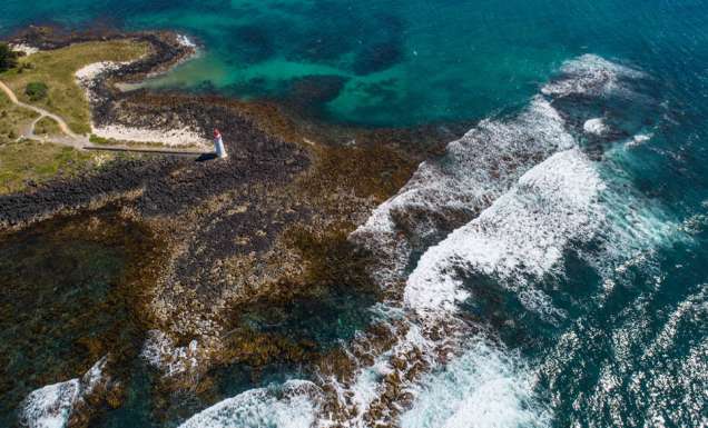 Birds eye view above the Port Fairy foreshore.