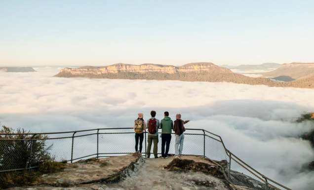 hikers overlooking the Olympian Rock Lookout, Blue Mountains National Park