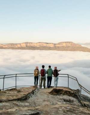 hikers overlooking the Olympian Rock Lookout, Blue Mountains National Park