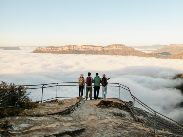 hikers overlooking the Olympian Rock Lookout, Blue Mountains National Park