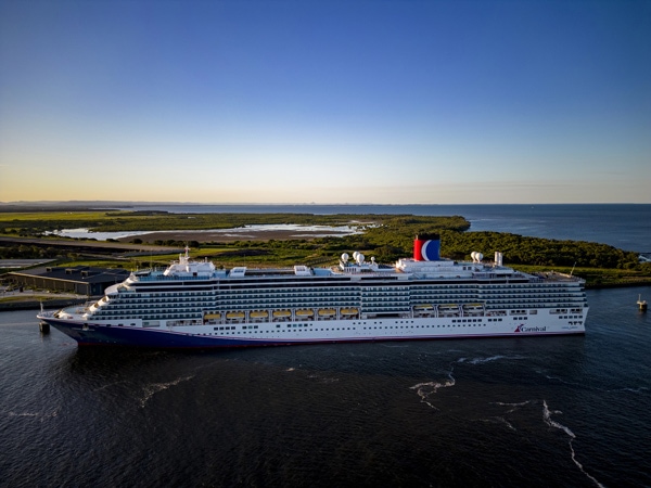 an aerial view of Carnival Luminosa cruise ship in Brisbane, Australia