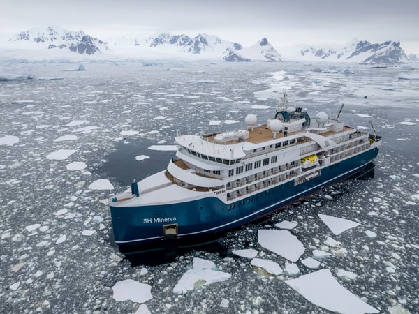 an aerial view of SH Minerva cruising on ice