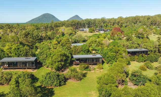 Modern accommodations in greenery with mountains behind
