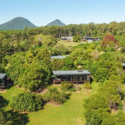 Modern accommodations in greenery with mountains behind