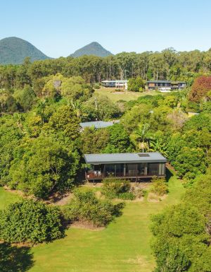 Modern accommodations in greenery with mountains behind