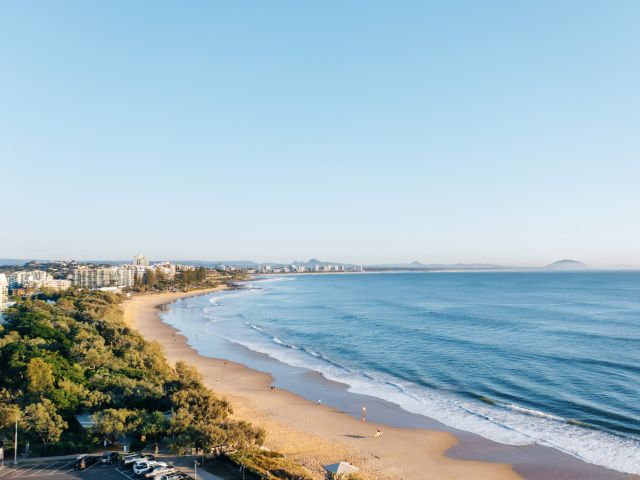 an aerial view of Mooloolaba Beach, Sunshine Coast