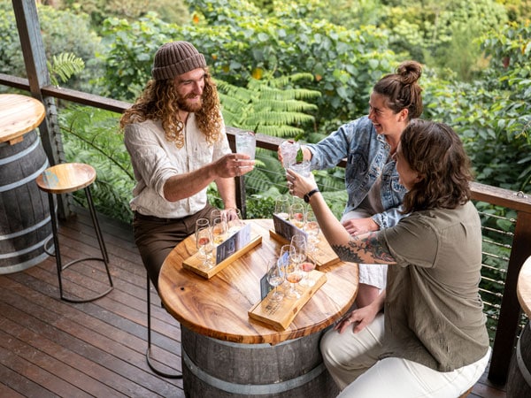 friends enjoying a gin tasting experience at Cape Byron Distillery, McLeods Shoot, Byron Bay
