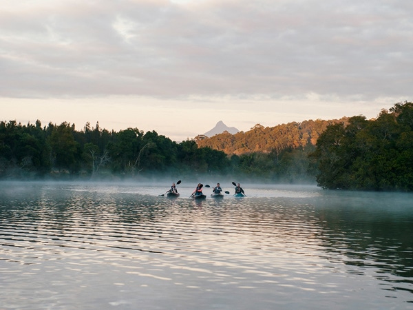 friends kayaking on Tweed River