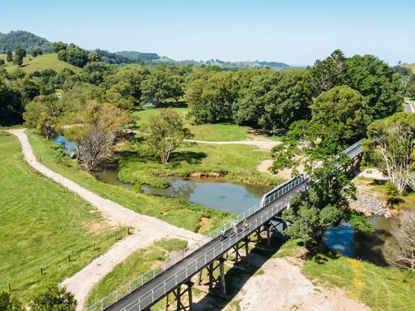 an aerial view of the historic railway bridge at Northern Rivers Rail Trail