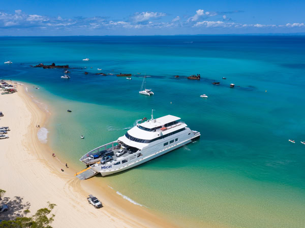 an aerial view of Micat ferry on Moreton Island