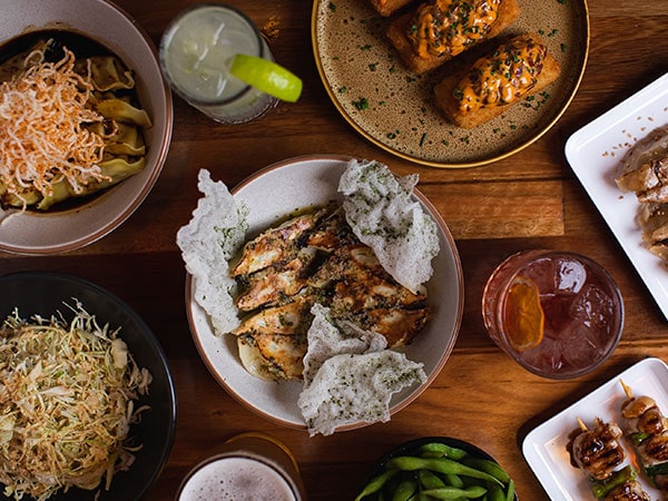Above shot of Harajuku Garlic Crab Gyoza and table