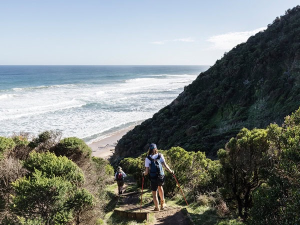 hikers going down the steep stairs along the Great Ocean Walk