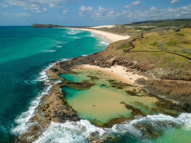 aerial of champagne pools on k'gari queensland