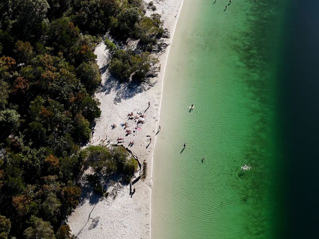 aerial of Lake Mckenzie on k'gari queensland