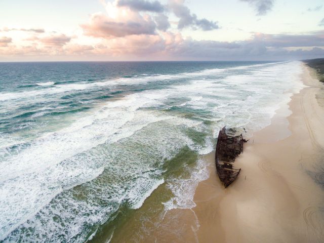 aerial of the ss maheno on 75 mile beach k'gari fraser island queensland