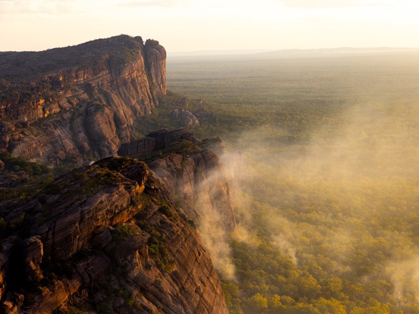 an aerial view of Kakadu on a misty morning