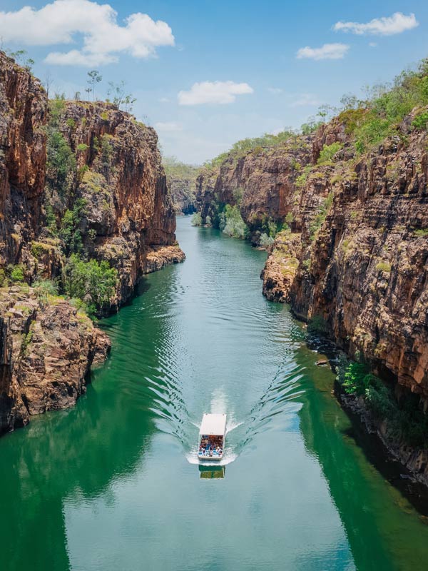 Boat cruise at Nitmiluk National Park. (Image: Tourism NT and Backyard Bandits)