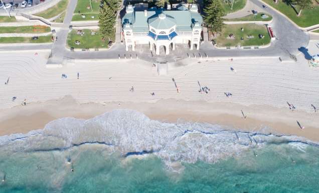 an aerial view of the white sands at Cottesloe Beach, Perth