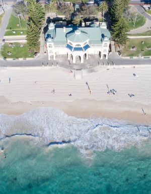 an aerial view of the white sands at Cottesloe Beach, Perth
