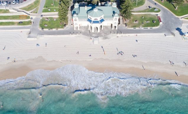 an aerial view of the white sands at Cottesloe Beach, Perth