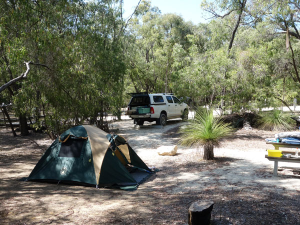 a tent setup on Martins Tank Campground in Yalgorup National Park, Preston Beach