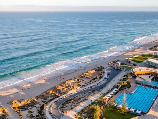 an aerial view of a geo-thermally heated open-air pool at Scarborough Beach