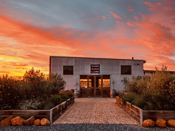 the cellar door at Nashdale Lane Wines during sunset