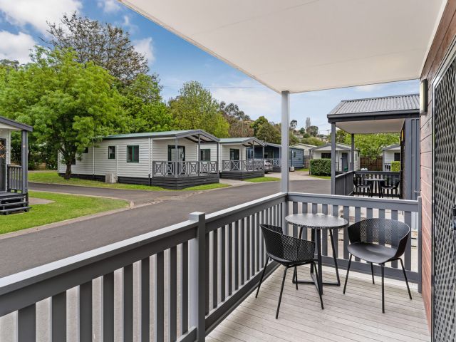 the balcony in one of the cabins at Tasman Holiday Parks Geelong