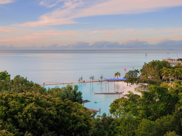 an aerial view of Cairns Lagoon and Esplanade