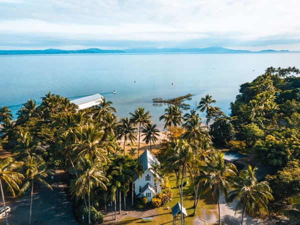 an aerial view of the Port Douglas Chapel
