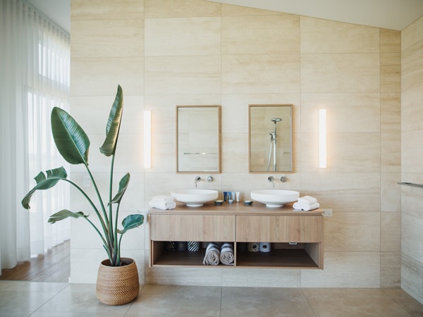 Large green plant sits beside a double vanity at Stowaway Kangaroo Island. 