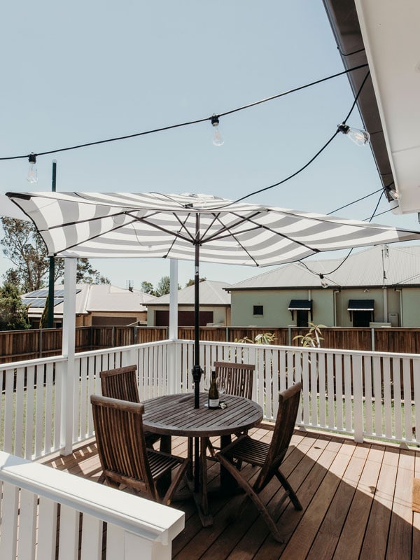 an al fresco seating area on the balcony at The River Haus, Morpeth