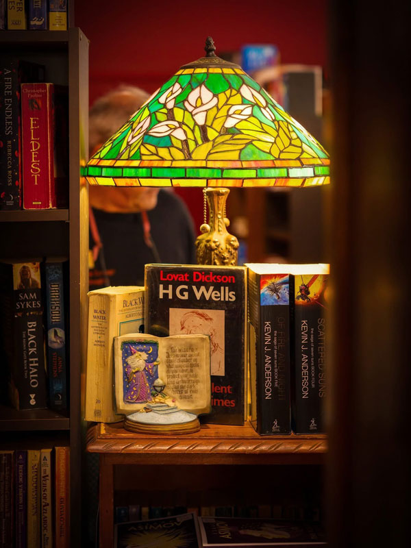 books under a bright lamp at The Book Lounge, Port Douglas