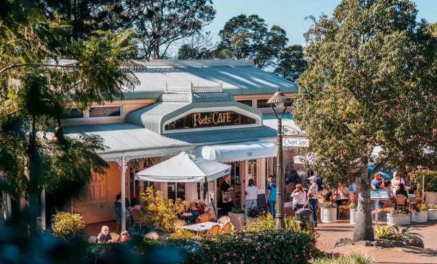 Montville main street with Poet's Corner cafe featured